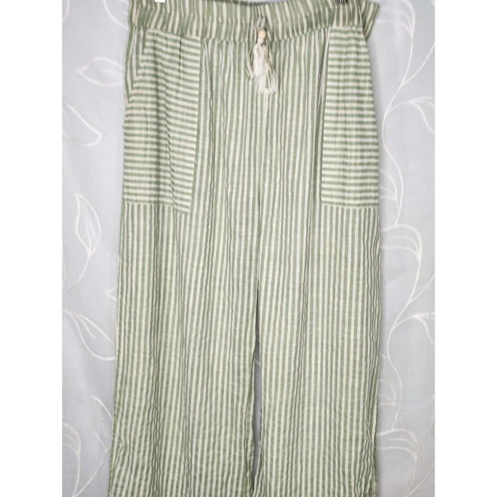 Salty Lemon Women's XL White Green Stripe Beach Pants Leg Slits Boho - Picture 2 of 13